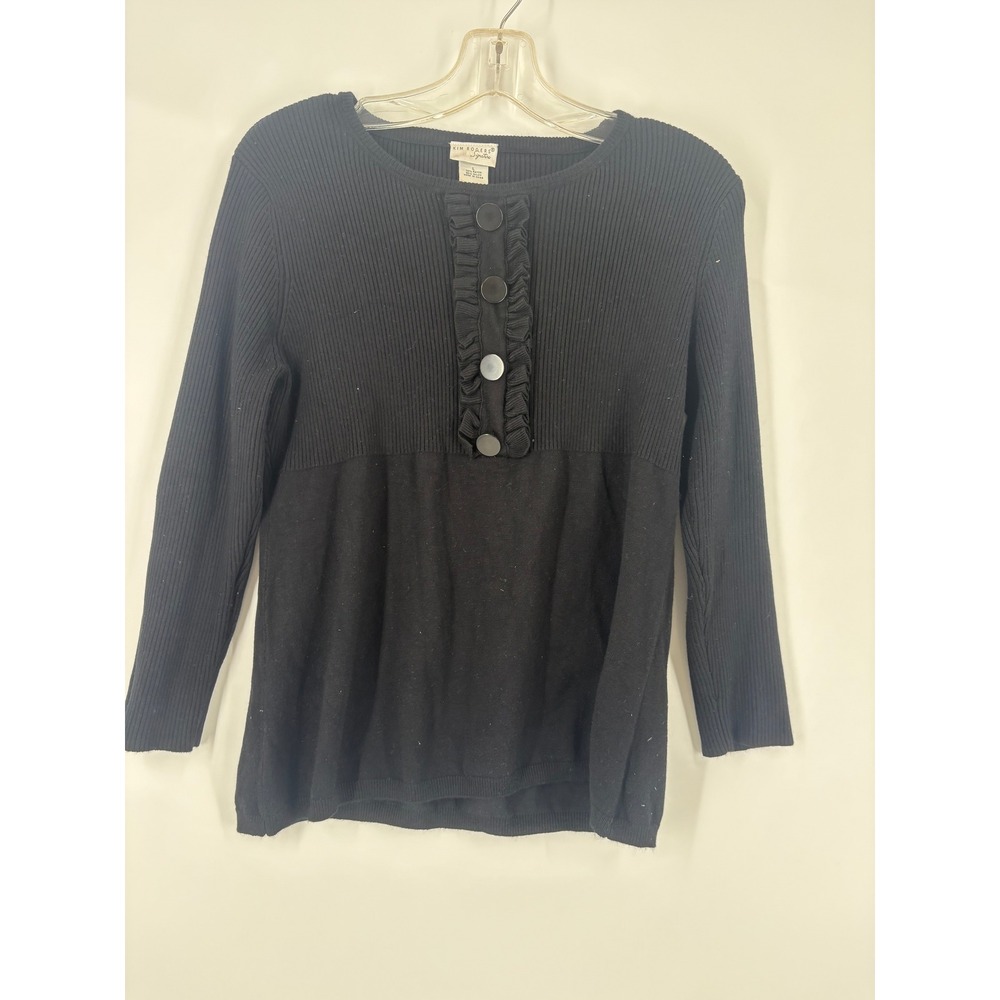 Kim Rogers Signature Black Ribbed Knit Button Front Top‎ Women's Size Large